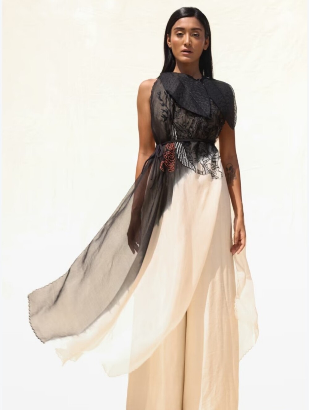 Black-Ivory Organza & Bamberg Silk Belted Jumpsuit